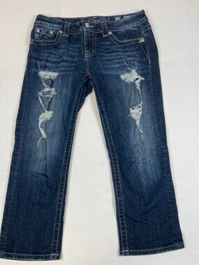 Miss Me Women 28 Distressed Curvy Crop Jeans Blue Embroidered Rhinestone